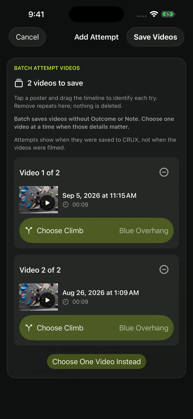 CRUX batch review with two video previews, each assigned to the Blue Overhang climb.