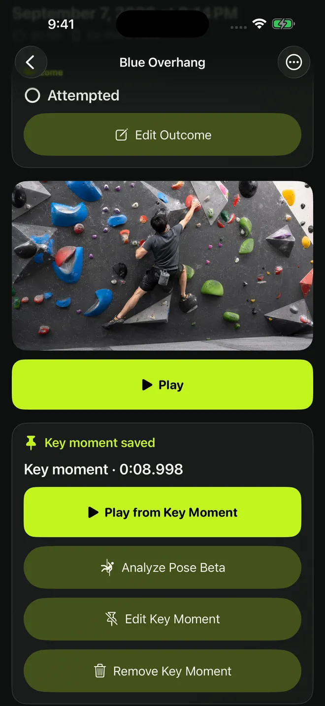 CRUX showing a saved climbing video, with a Key moment ready to revisit.