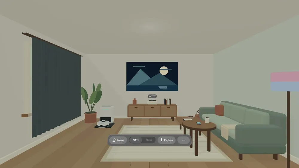 Virtual Navigator's living room, with a cleaning robot, two-color lamp, curtains, and projected artwork.