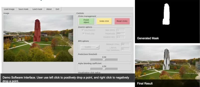 Progress presentation screenshot of a click-based object-selection interface, generated mask, and tower-styling example.