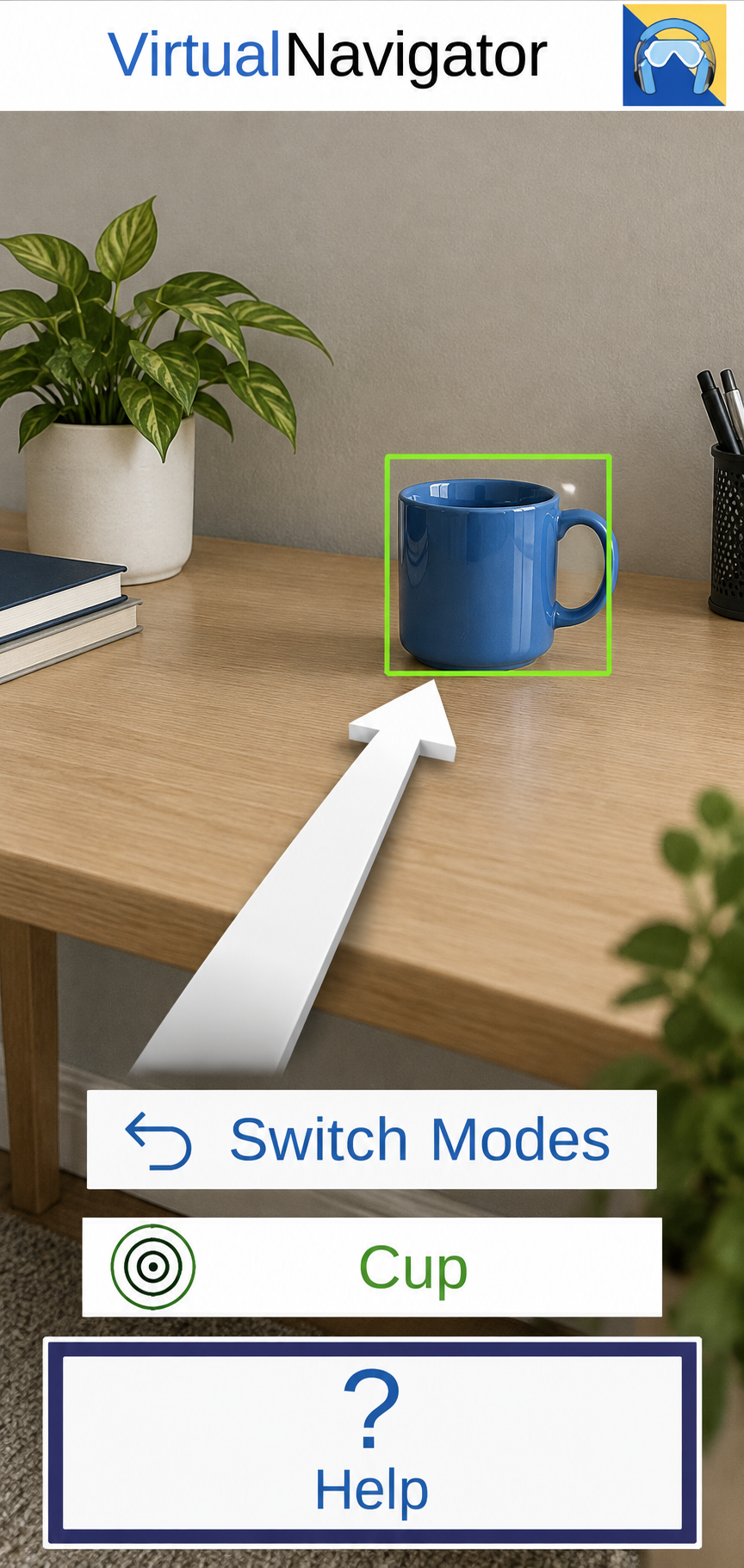 Illustration based on the portrait object-detection interface: a blue cup is outlined in green, the target control reads Cup, and a white arrow points up and right toward it.